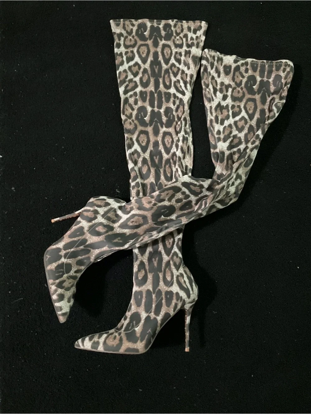 Leopard Print Pointed Toe Stiletto Boots - Black & Gold